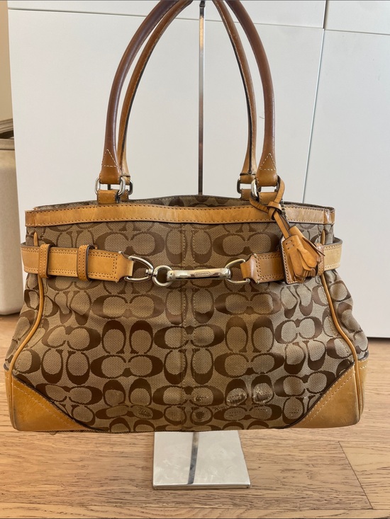 Coach Handbags - Coach Signature Jacquard Leather Trim Satchel Shoulder Bag Brown Tan